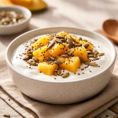 Carbs-free yoghurt wirh seeds and mango