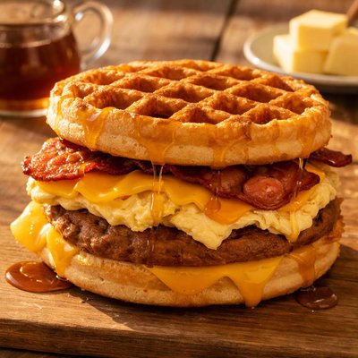 Caribou maple waffle sandwich