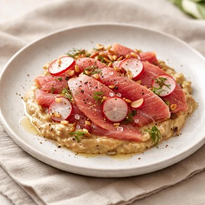 Carpaccio of tuna on melitzanosalata