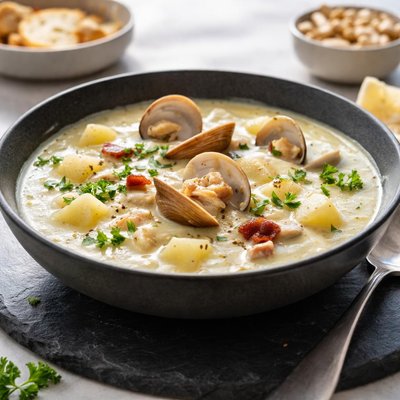 Cashew cream clam chowder with turnip