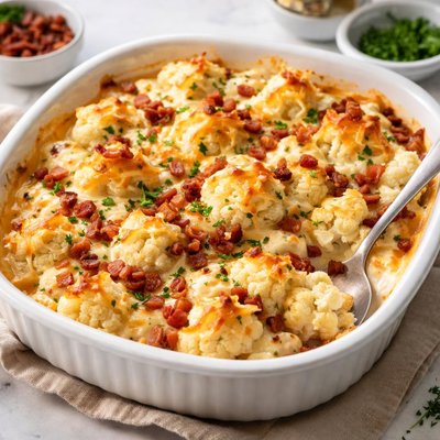 Cauliflower cheese with bacon bits