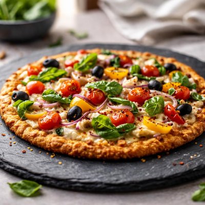 Cauliflower crust pizza with veggies