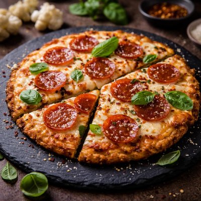 Cauliflower pepperoni pizza