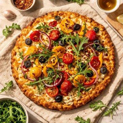 Cauliflower pizza with veggies