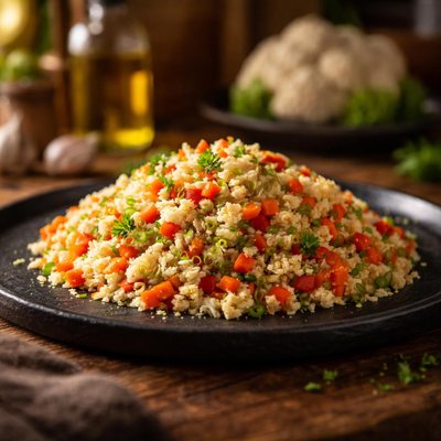 Cauliflower rice with carrots and bell pepper