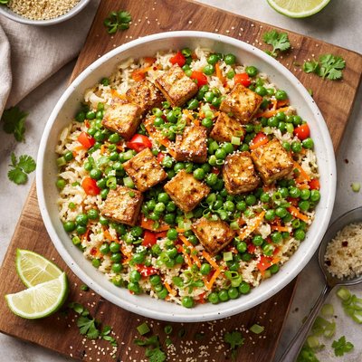 Cauliflower rice with vegetables and tofu