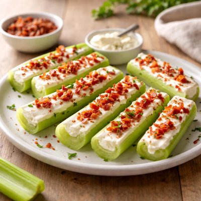 Celery sticks with cream cheese and bacon bits