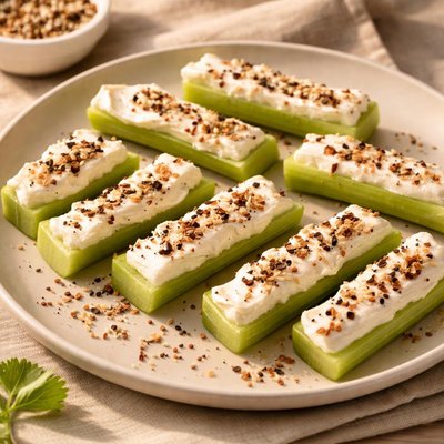 Celery sticks with cream cheese and everything bagel seasoning