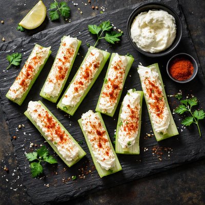 Celery sticks with cream cheese and paprika