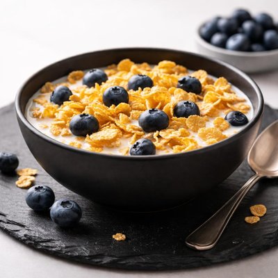 Cereal with milk and blueberries
