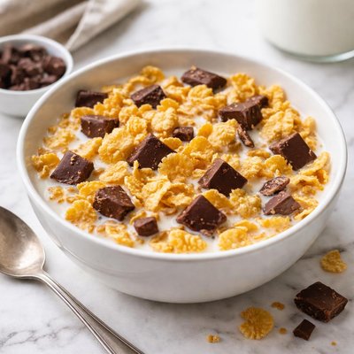 Cereal with milk and chocolate pieces