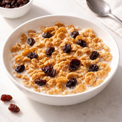 Cereal with milk and raisins