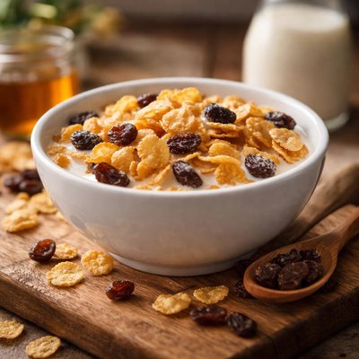 Cereal with raisins and milk