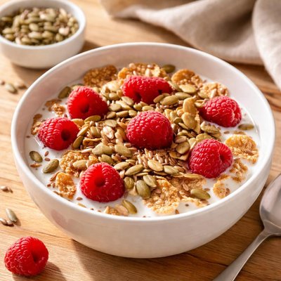 Cereal with seeds and raspberries