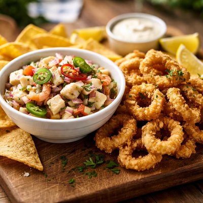 Ceviche and fried calamari