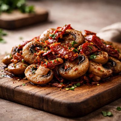 Champinones al ajillo con cecina