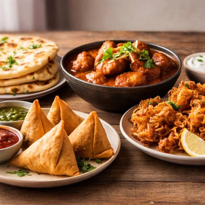 Chciken rogan josh onion bajji naan bread and vegetable samosa