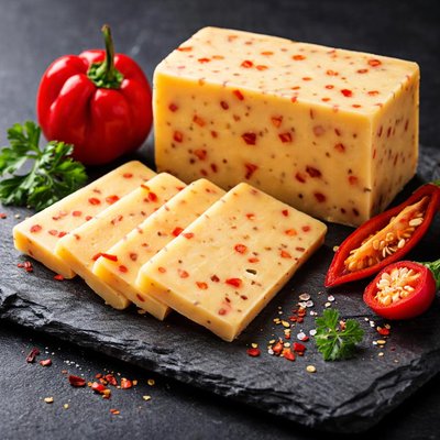 Cheddar cheese with scotch bonnet chili and red peppers