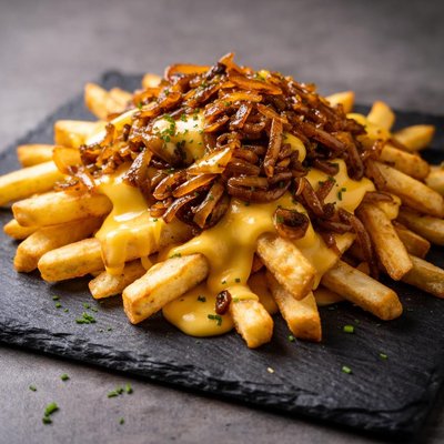 Cheddar fries with caramelized onions