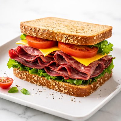 Cheddar tomato and pastrami on wholewheat bread