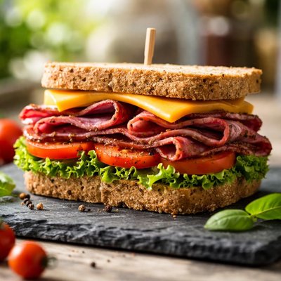 Cheddar tomato and patrami on wholewheat bread