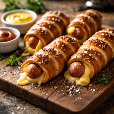 Cheese-stuffed pretzel dogs