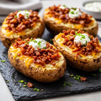 Cheese and bacon bits on potato
