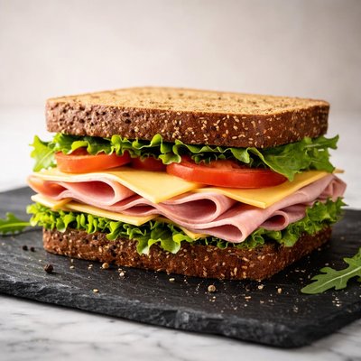 Cheese and ham sandwich on brown bread