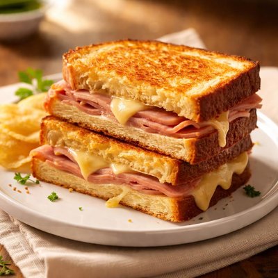 Cheese and ham toasted sandwich on brioche bread
