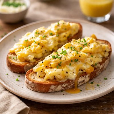 Cheese and scrambled eggs on toast