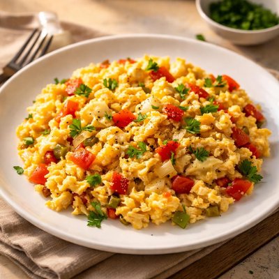 Cheese eggs with peppers and onions