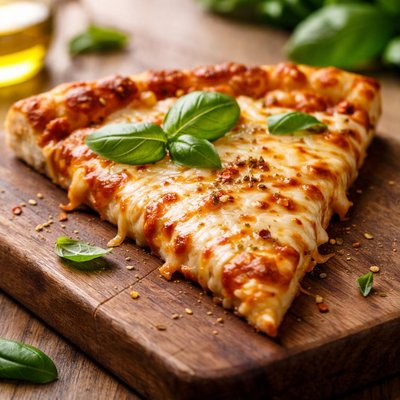 Cheese pizza slice with basil