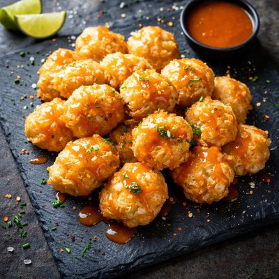 Cheese puffs with hot sauce