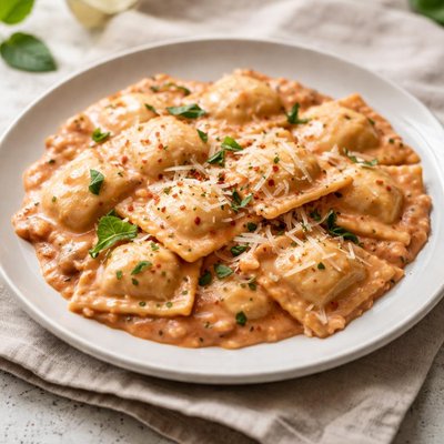 Cheese ravioli with pink sauce