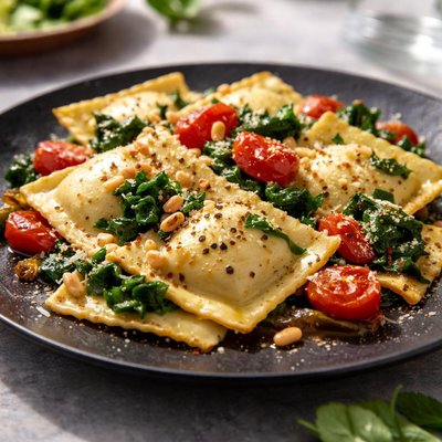 Cheese ravioli with spinach and tomatoes
