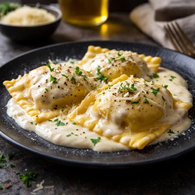 Cheese raviolo with alredo sauce