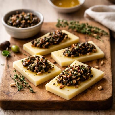 Cheese slices with tapenade