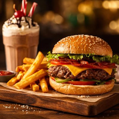 Cheeseburger fries and milk shake