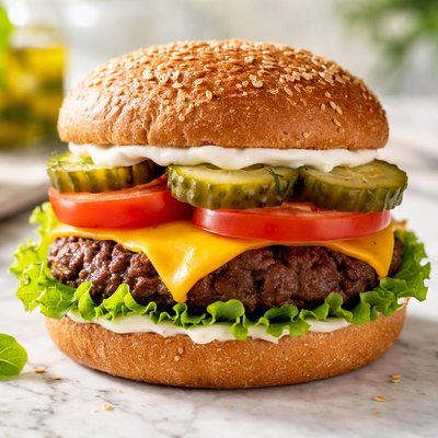 Cheeseburger on whole wheat with mayonaise pickle lettuce tomato