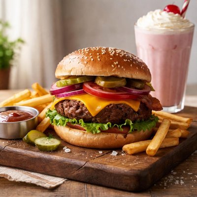 Cheeseburger with fries and milk shake