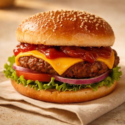 Cheeseburger with ketchup