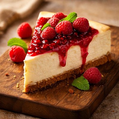 Cheesecake with raspberry topping