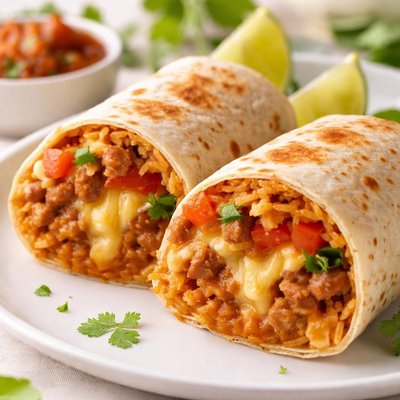 Cheesy bean and rice burrito