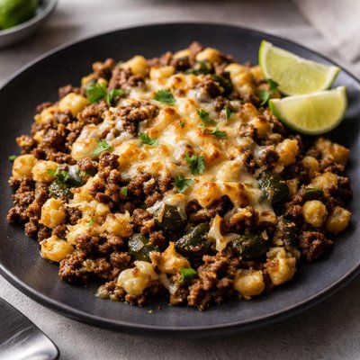 Cheesy beef and poblano hominy skillet factor