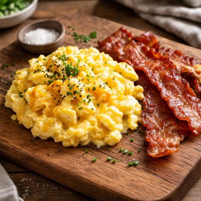 Cheesy eggs and bacon