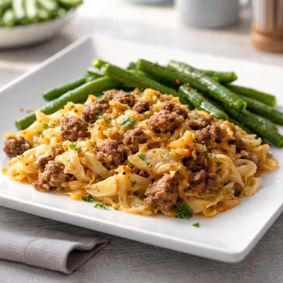 Cheesy ground beef and cabbage with green beans