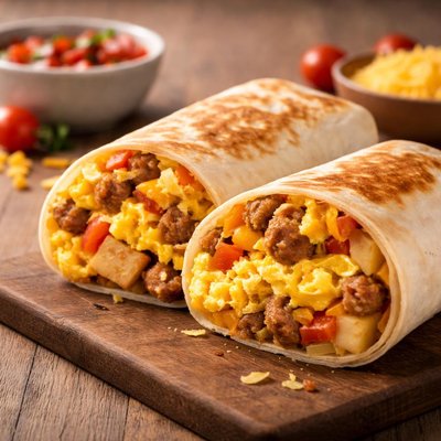 Cheesy toasted breakfast burrito sausage