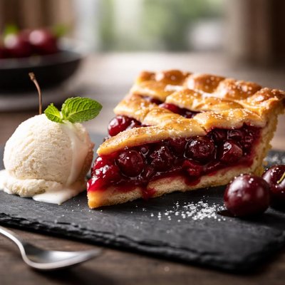 Cherry pie with ice cream