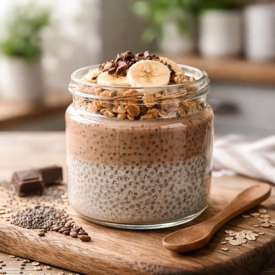 Chia oat pudding with chocolate protein alpro soy milk