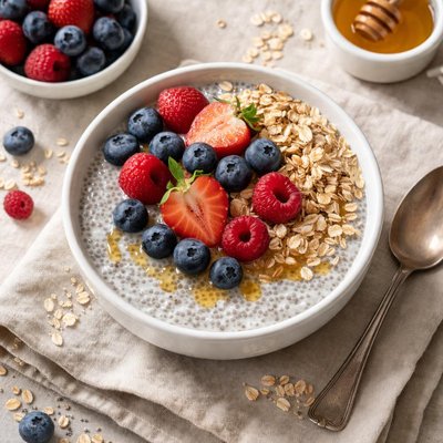 Chia pudding with berries oatmeal and honey